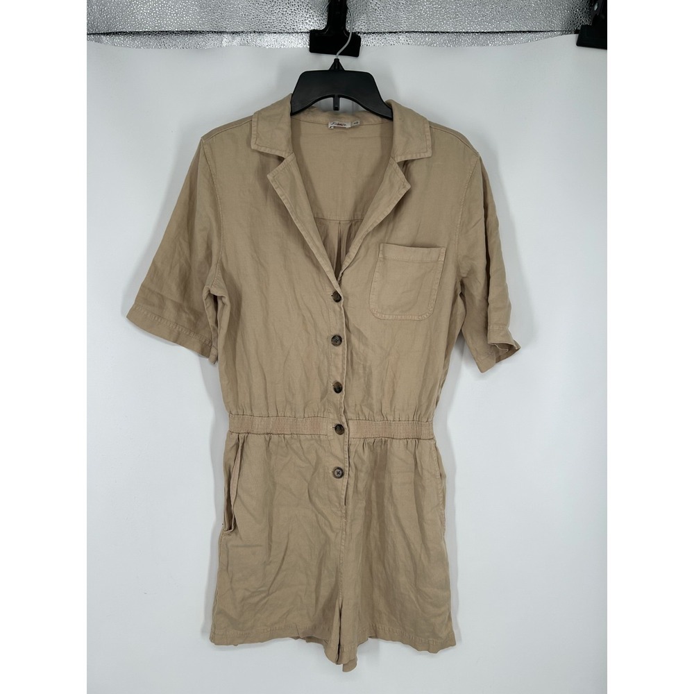 Faherty Arlie Romper Women's Medium Beige Linen Blend Short Sleeve Button Front